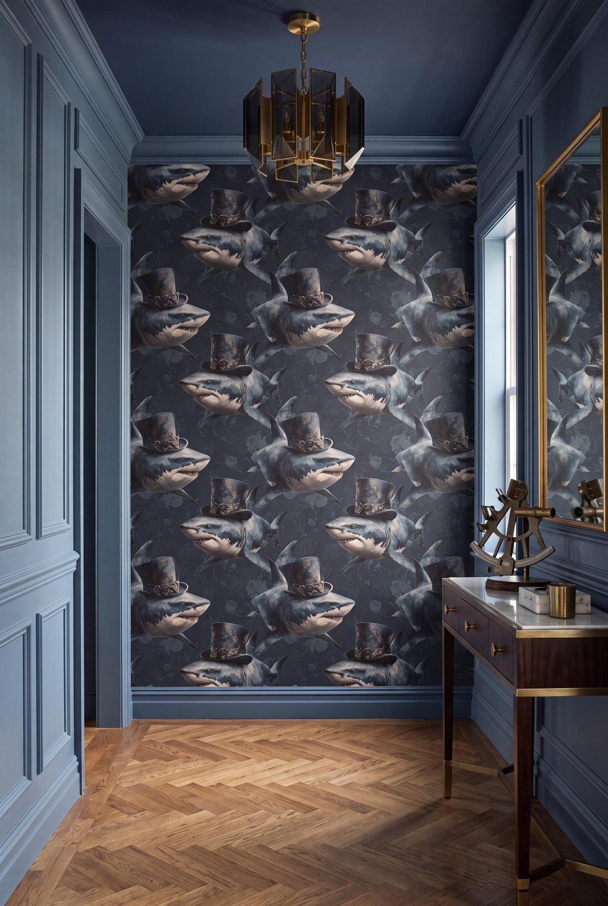 The Magnate wallpaper shown in an entryway