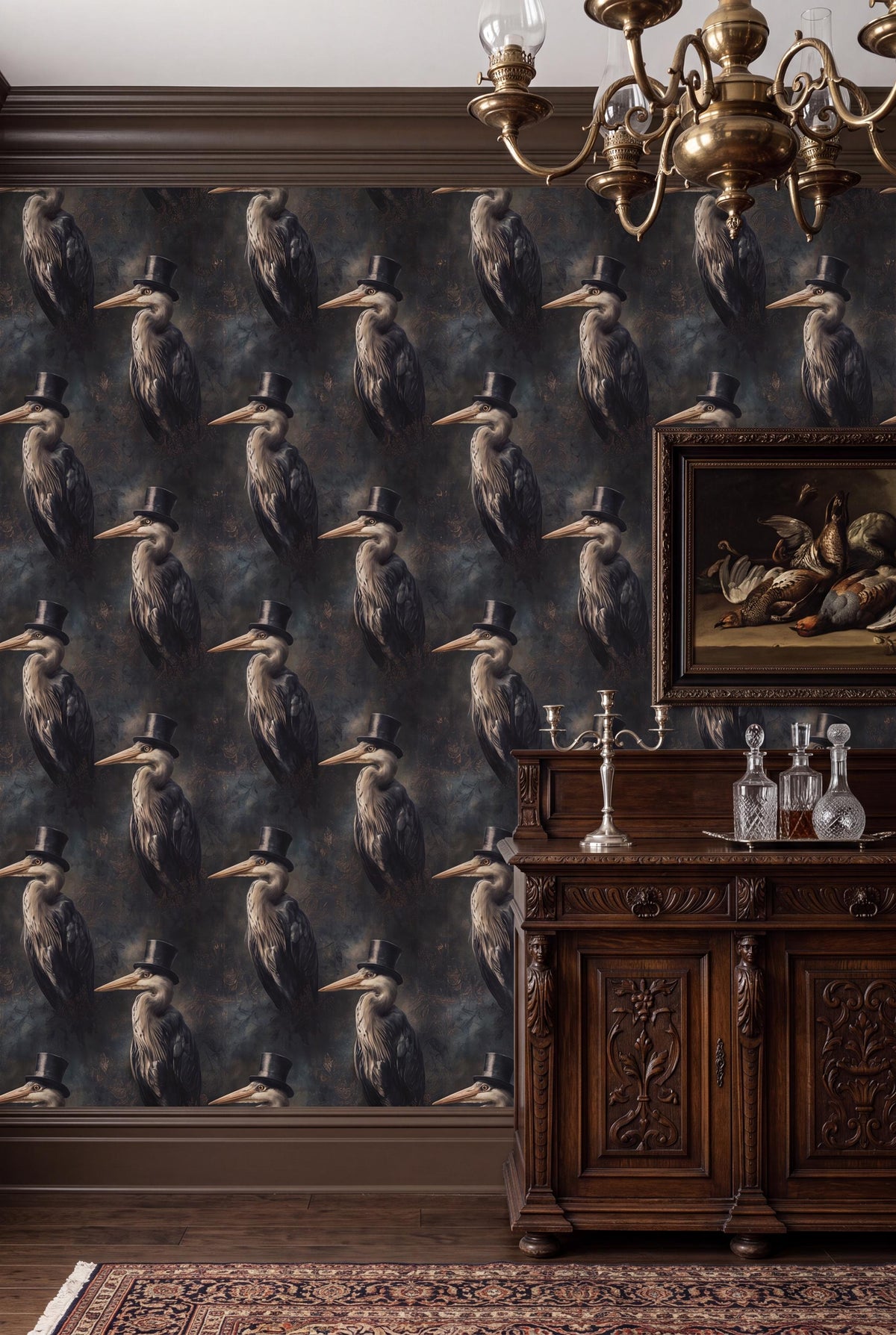 The Courier wallpaper shown in a powder room