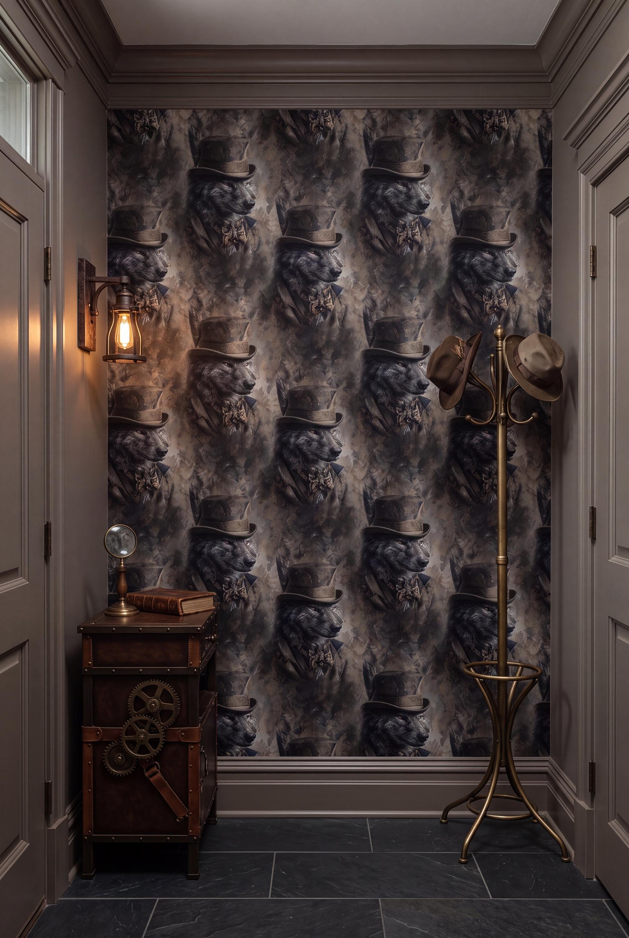The Night Warden wallpaper shown in a powder room