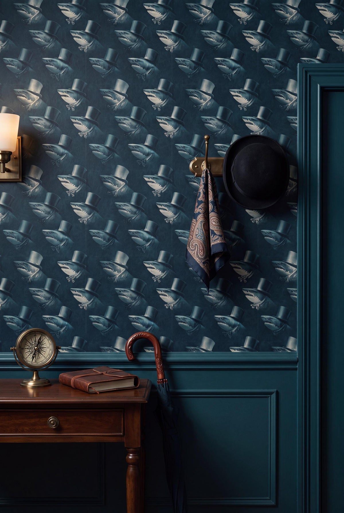 Fin de Siecle: Victorian Teal Shark Wallpaper