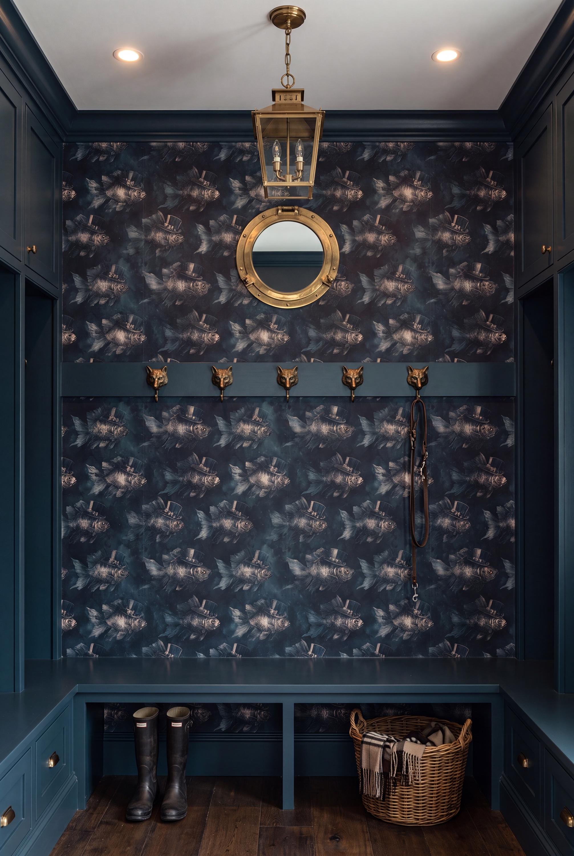 The Dinner Guest wallpaper shown in a mudroom