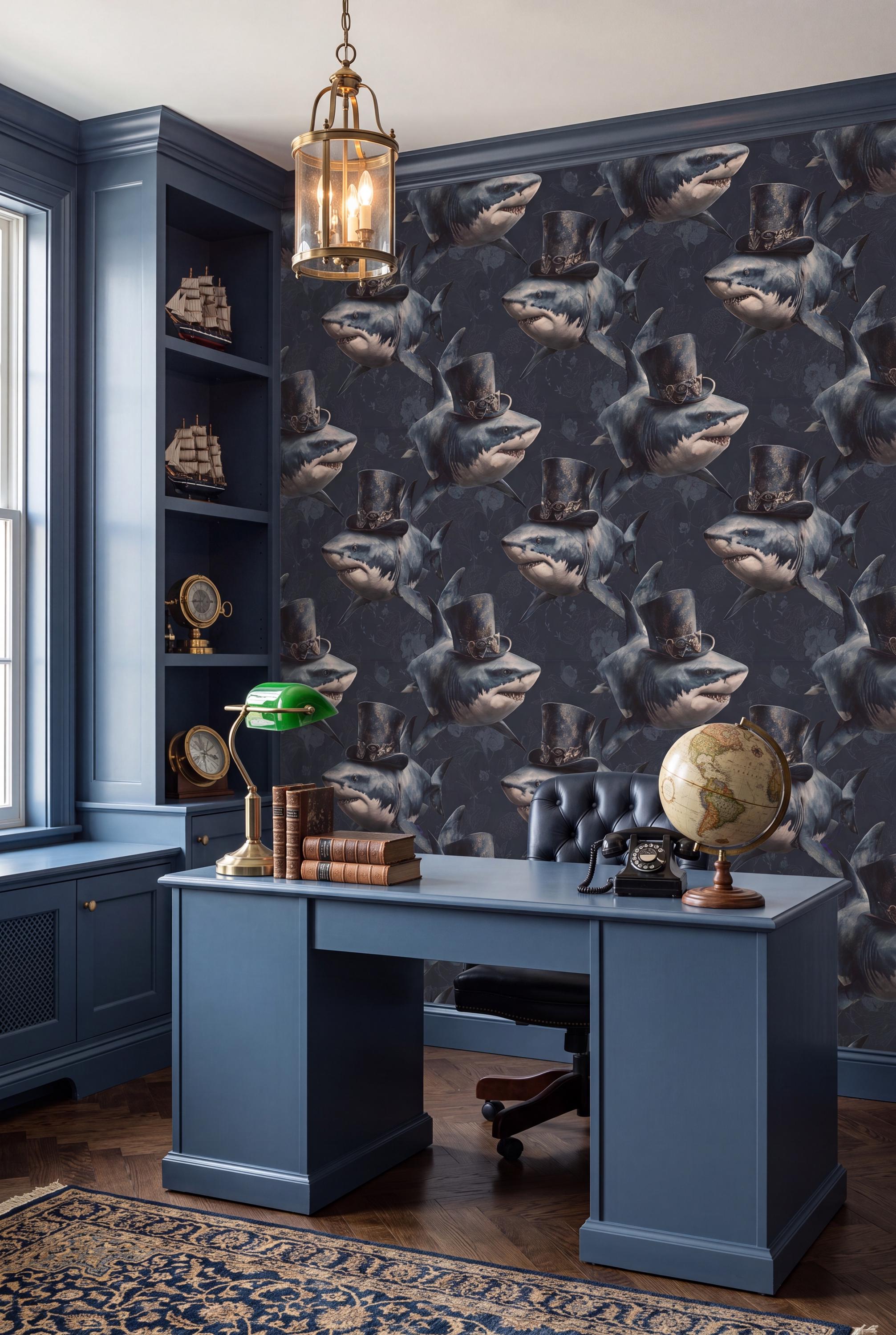 The Magnate wallpaper shown in a home office