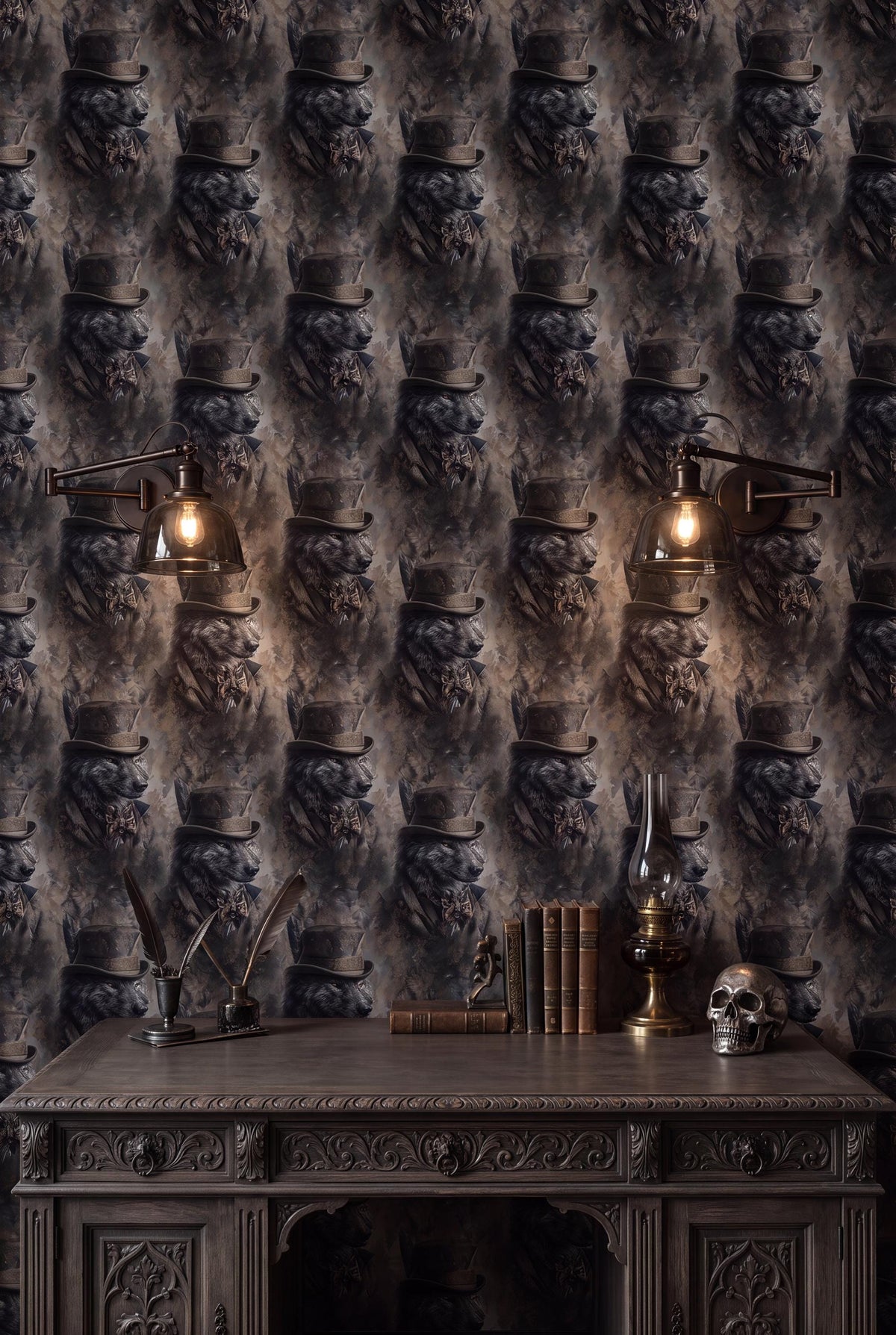 The Night Warden wallpaper shown in a home office