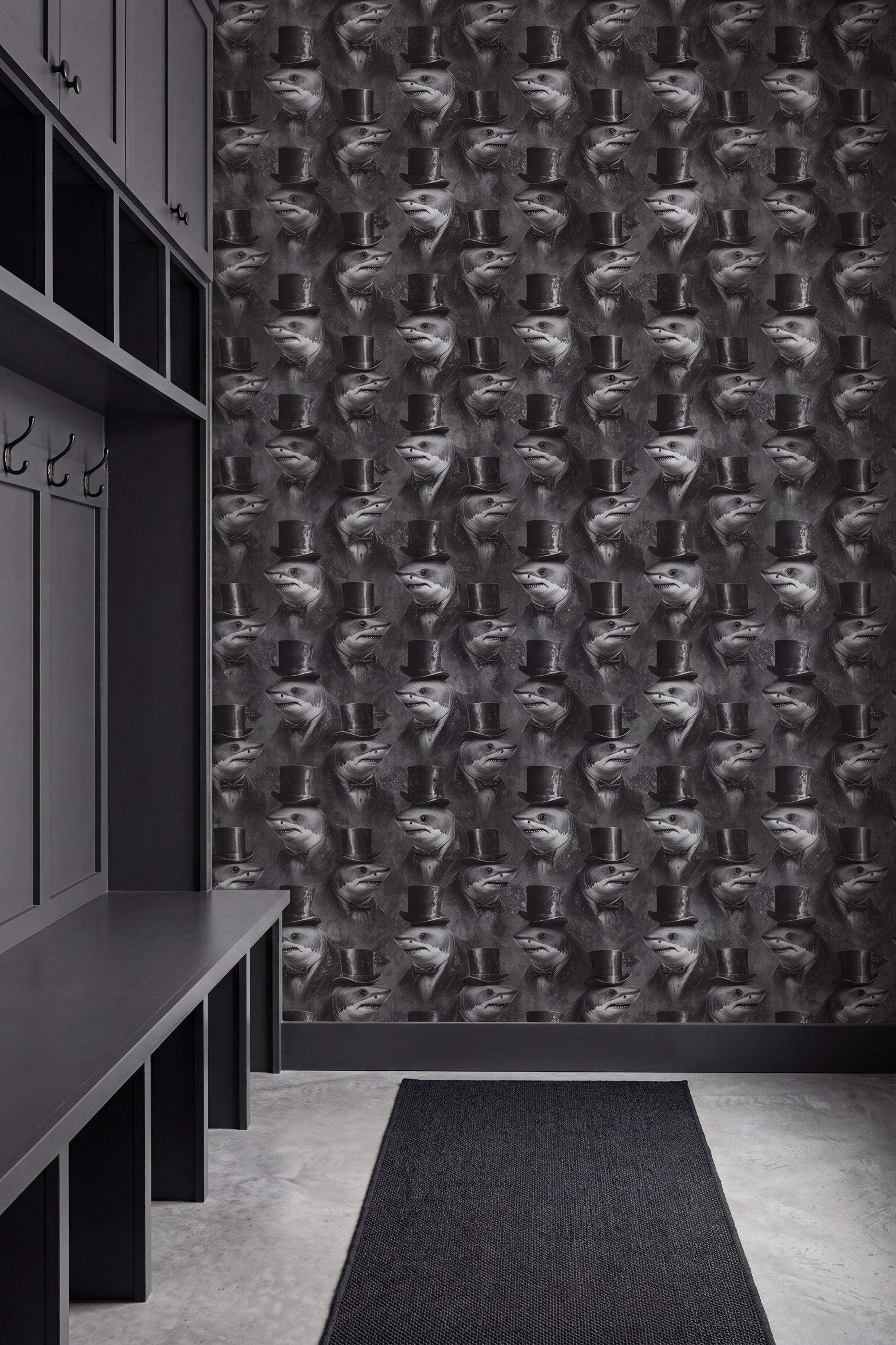 The Loan Shark wallpaper shown in a mudroom