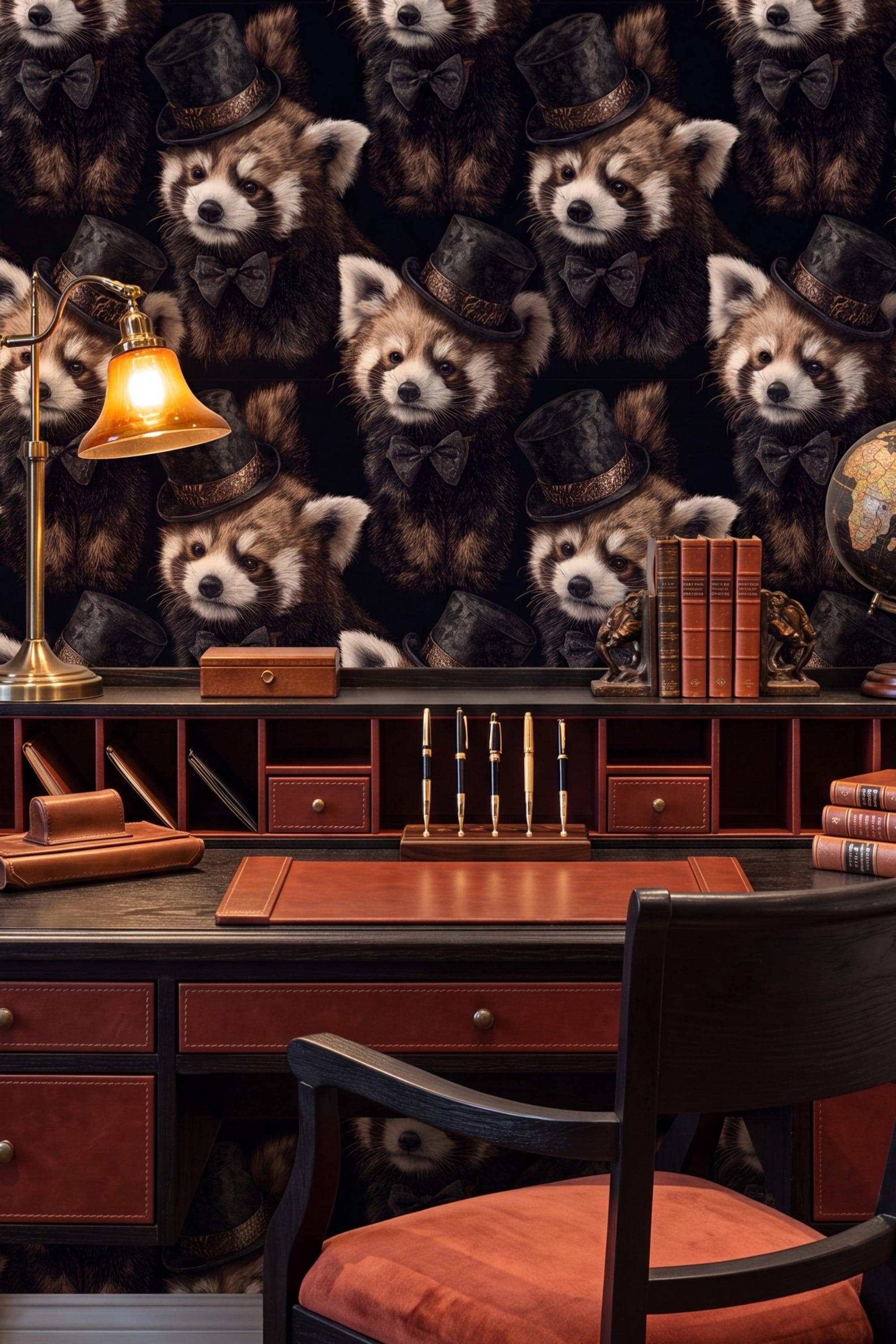 The Copper Duke wallpaper shown in a powder room