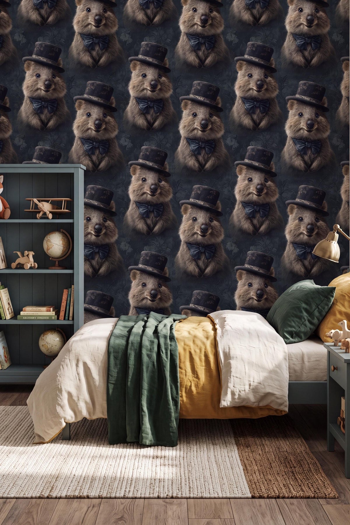 The Optimist wallpaper shown in a powder room